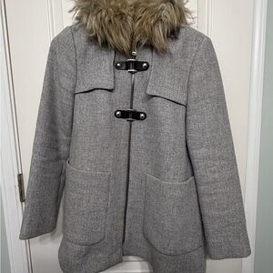 Zara Gray Pea Coat with Faux Fur Collar